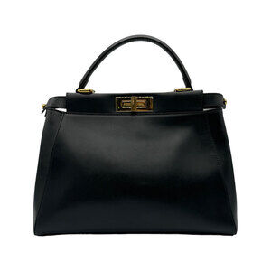 Fendi Peekaboo Regular Leather Crossbody Shoulder Bag Black Gold